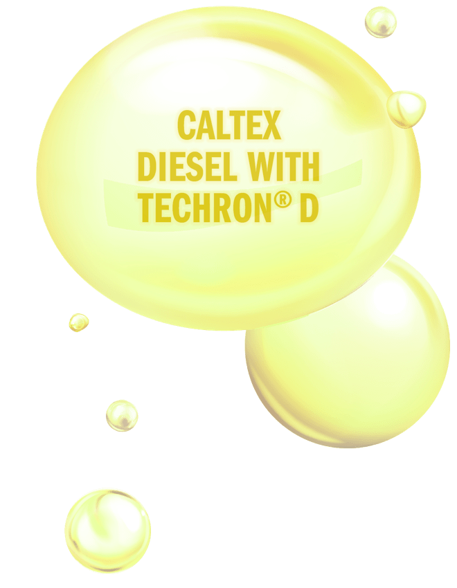 Graphic of "CALTEX DIESEL WITH TECHRON®D" in fuel droplets