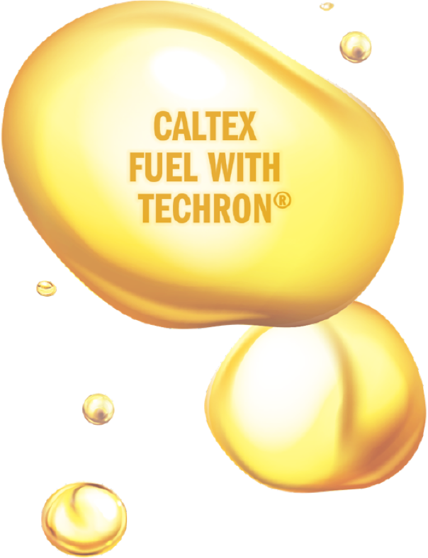 Graphic of "CALTEX FUEL WITH TECHRON®" in fuel droplets