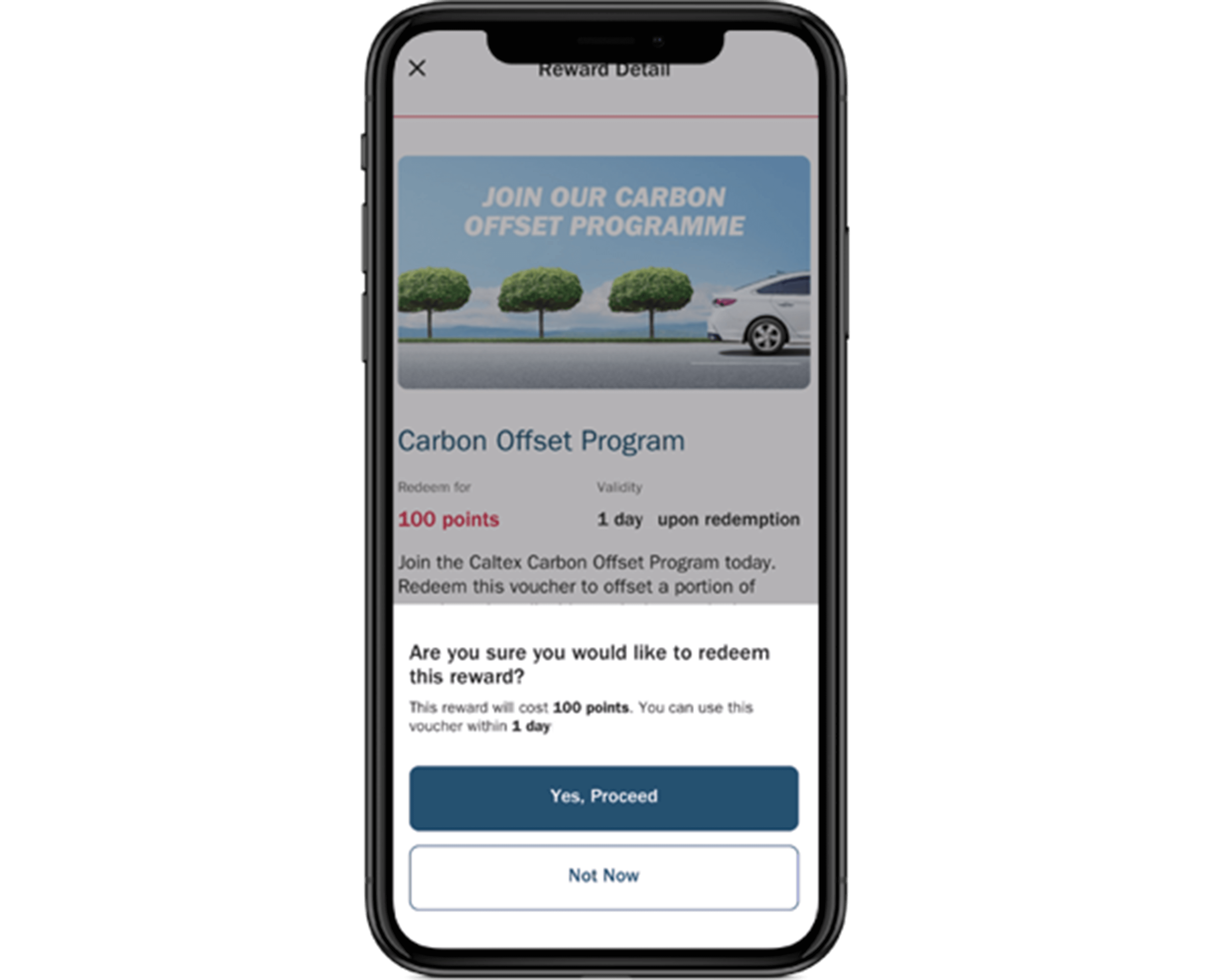 Mobile phone showing confirmation to redeem Caltex Carbon Offset reward