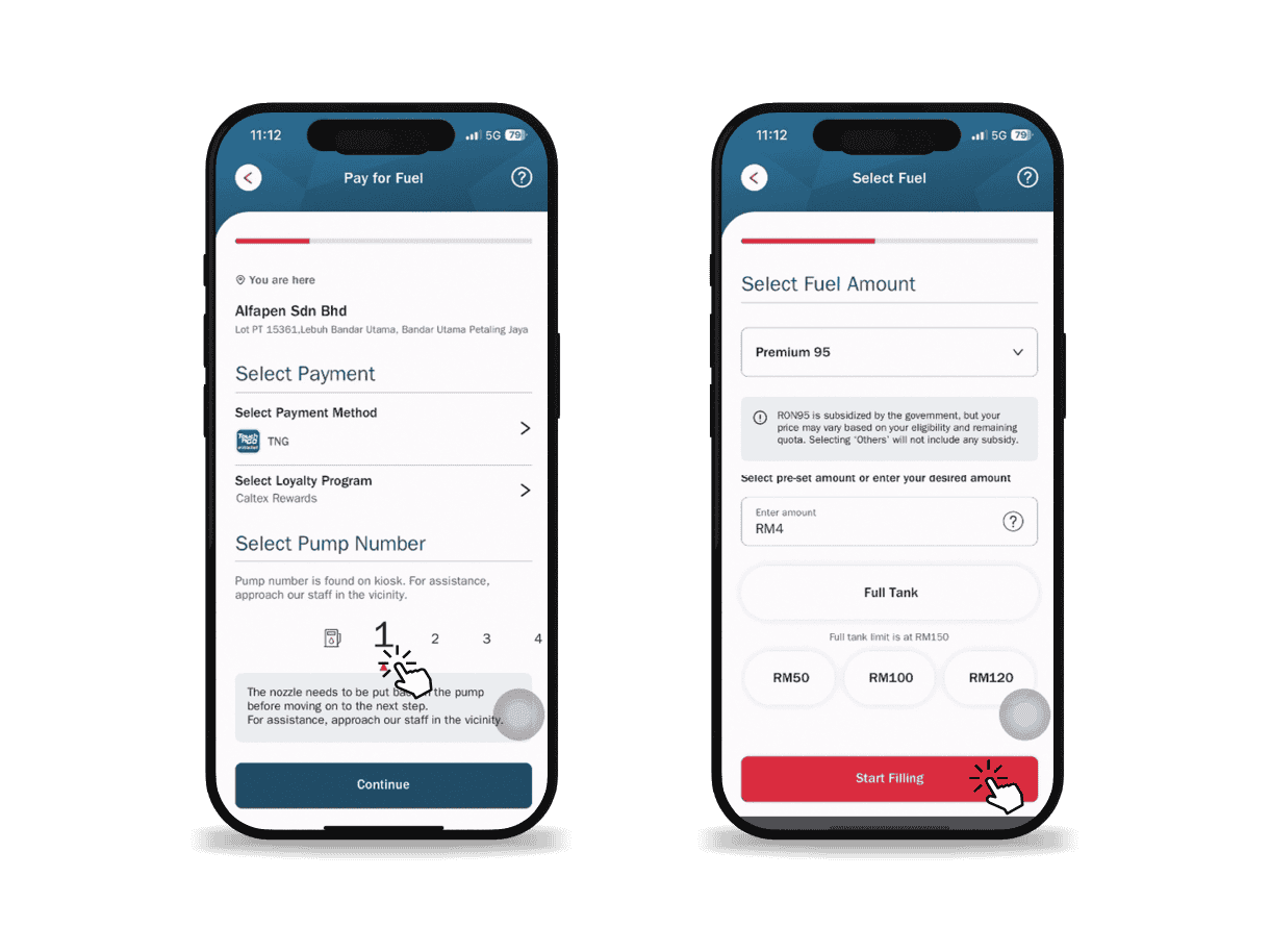 Mobile phones showing CaltexGO Touch 'n Go eWallet payment - Step 2