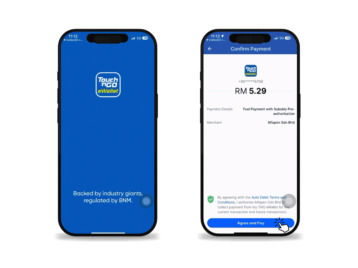 Mobile phones showing CaltexGO Touch 'n Go eWallet payment - Step 3