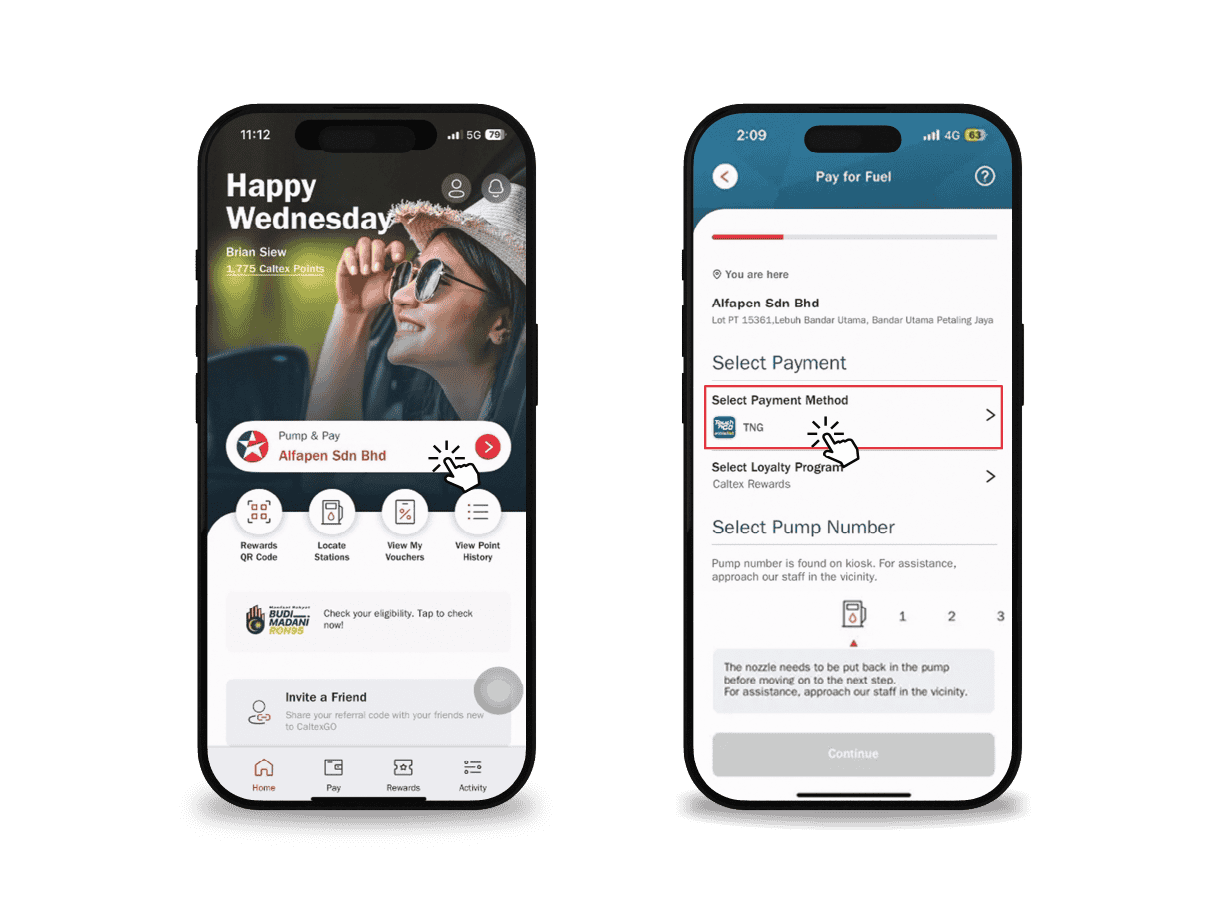 Mobile phones showing CaltexGO Touch 'n Go eWallet payment - Step 1