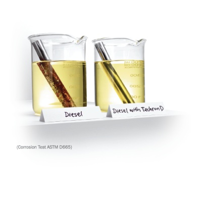 Close up of two breakers each containing diesel and a metal rod